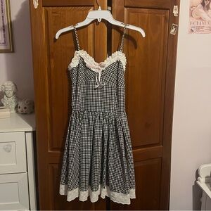 Black & White Mini Dress with Lace Trim and Pink Ribbom